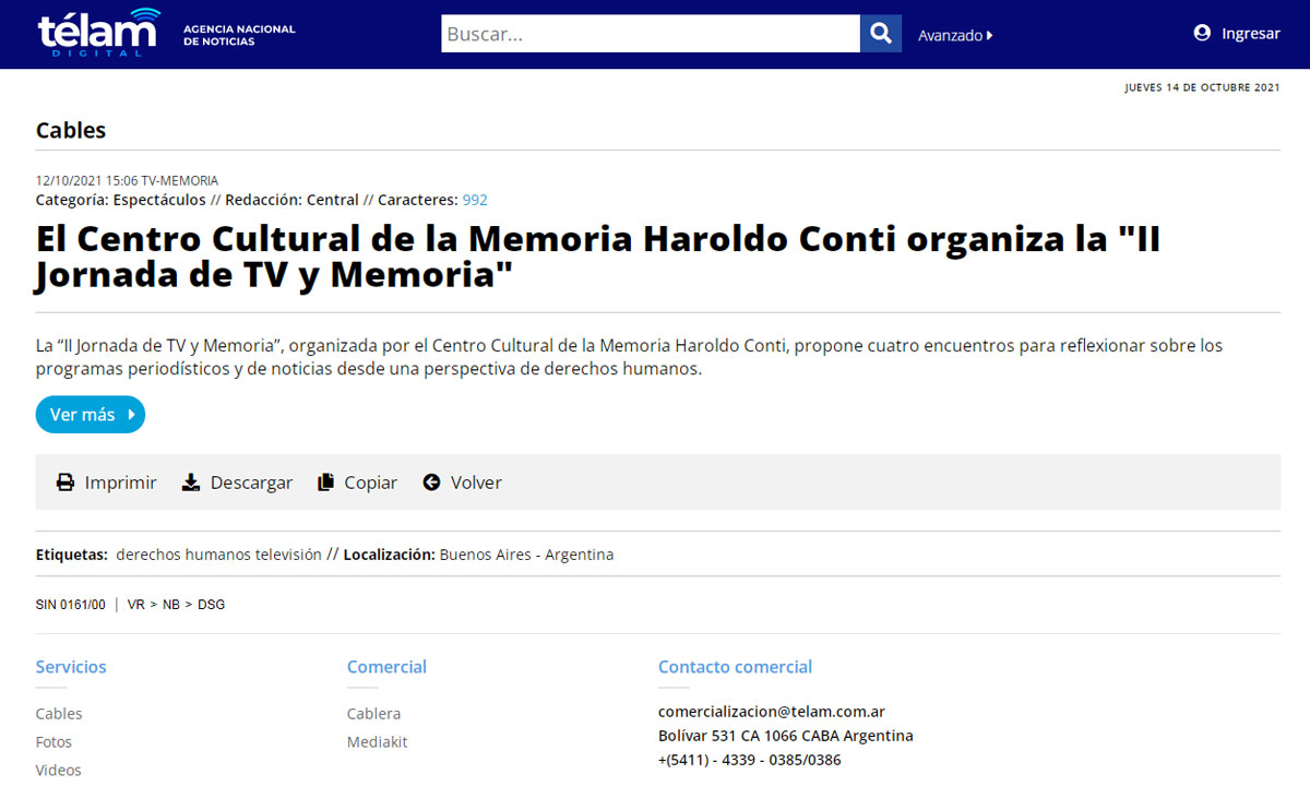 El Centro Cultural de la Memoria Haroldo Conti organiza la "II Jornada de TV y Memoria"