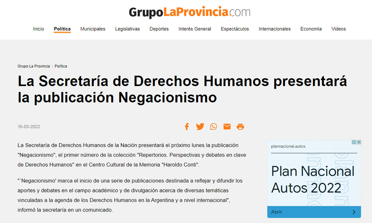La Secretaría de Derechos Humanos presentará la publicación Negacionismo en el Centro Cultural de la Memoria Haroldo Conti. 