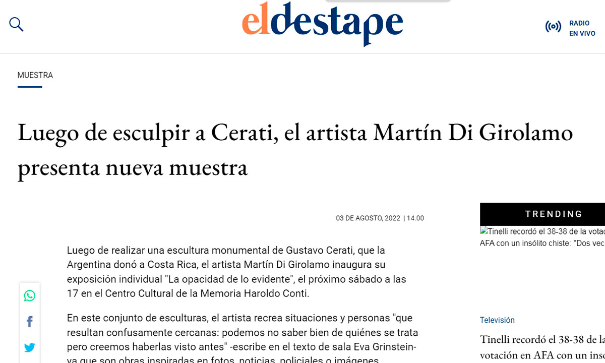 Luego de esculpir a Cerati, el artista Martín Di Girolamo presenta nueva muestra