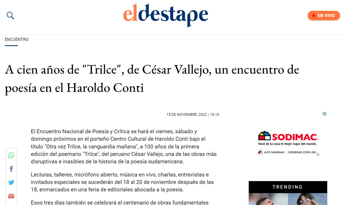 A cien años de "Trilce", de César Vallejo, un encuentro de poesía en el Haroldo Conti